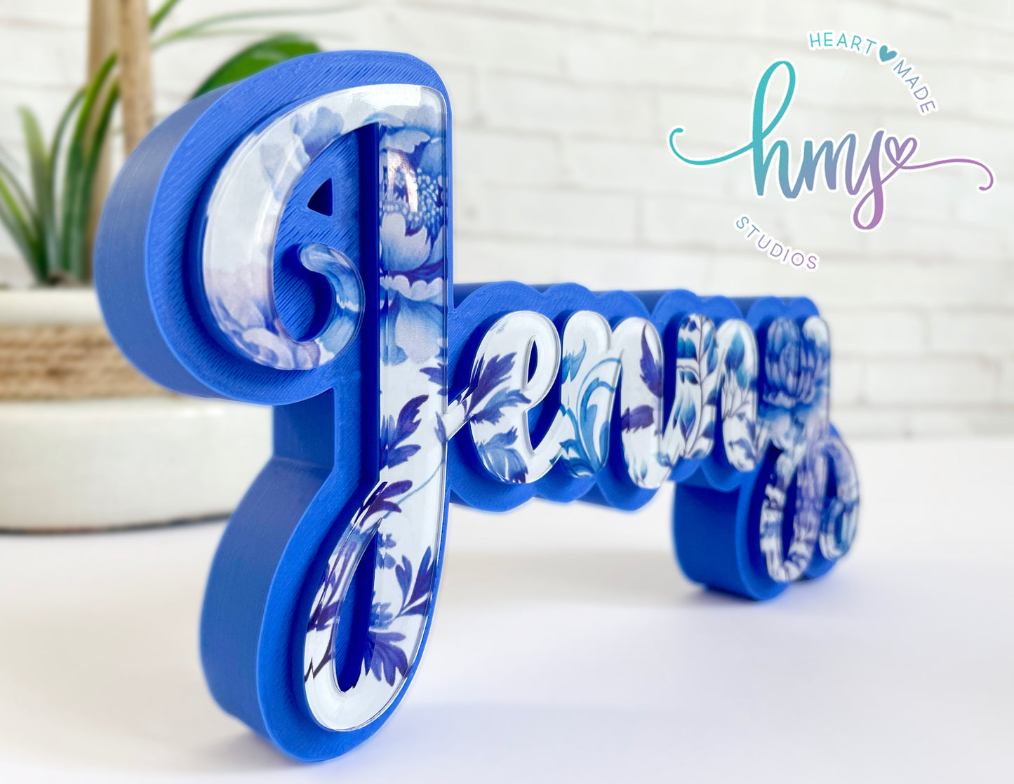 Personalized Blue and White Floral 3D Name Plate with Pen Holder