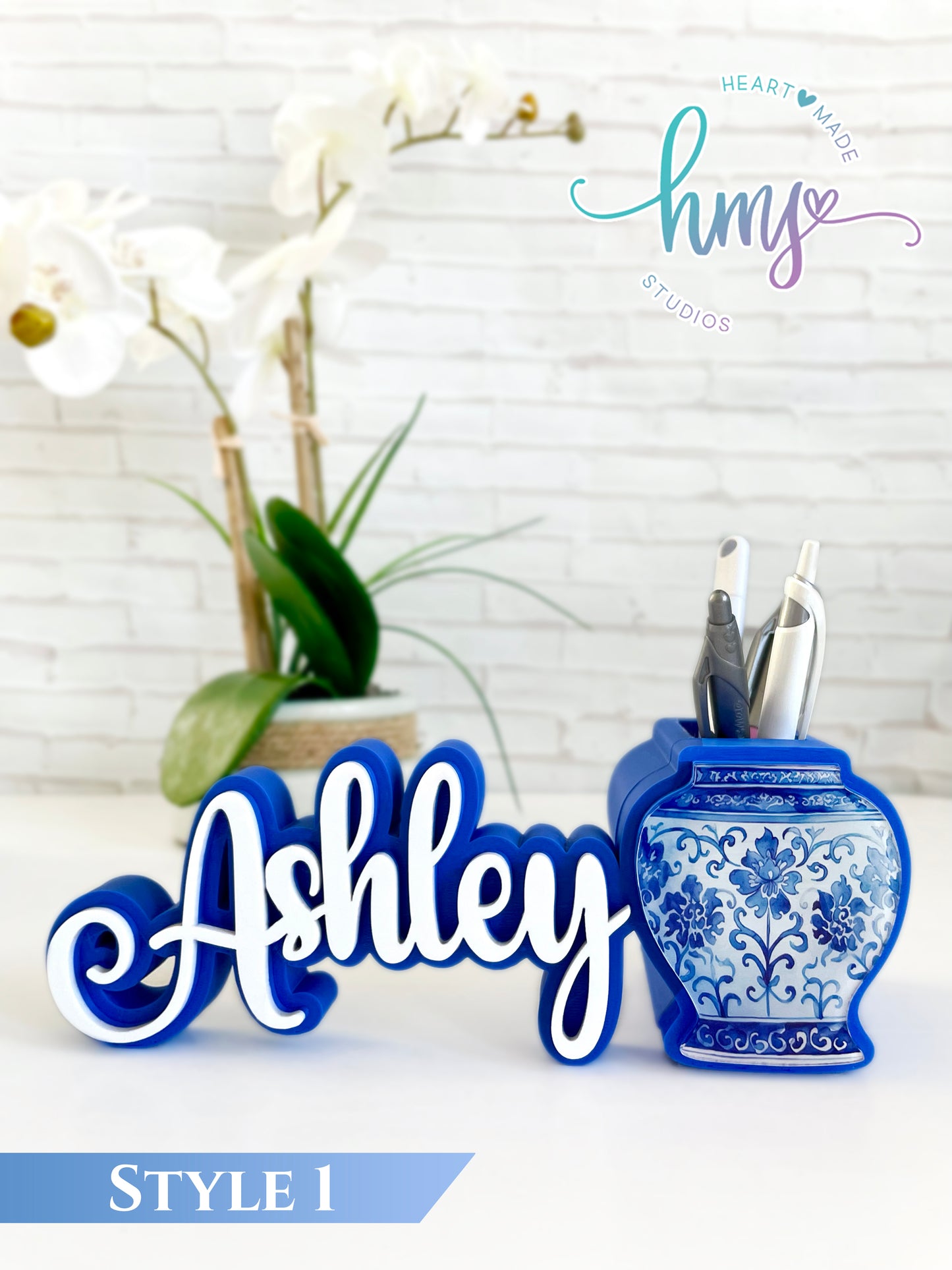Personalized Blue and White Floral 3D Name Plate with Pen Holder