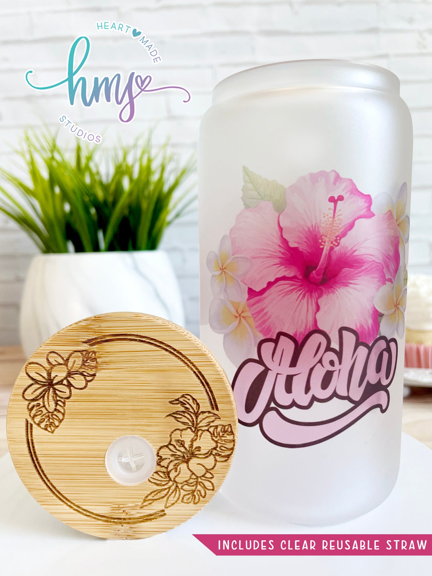 Tropical Glass Can,Aloha Glass Can,Hibiscus Glass Can,Plumeria Glass Can,Engraved Lid,Glass Cup,Gift for Her,Tropical Glass Tumbler