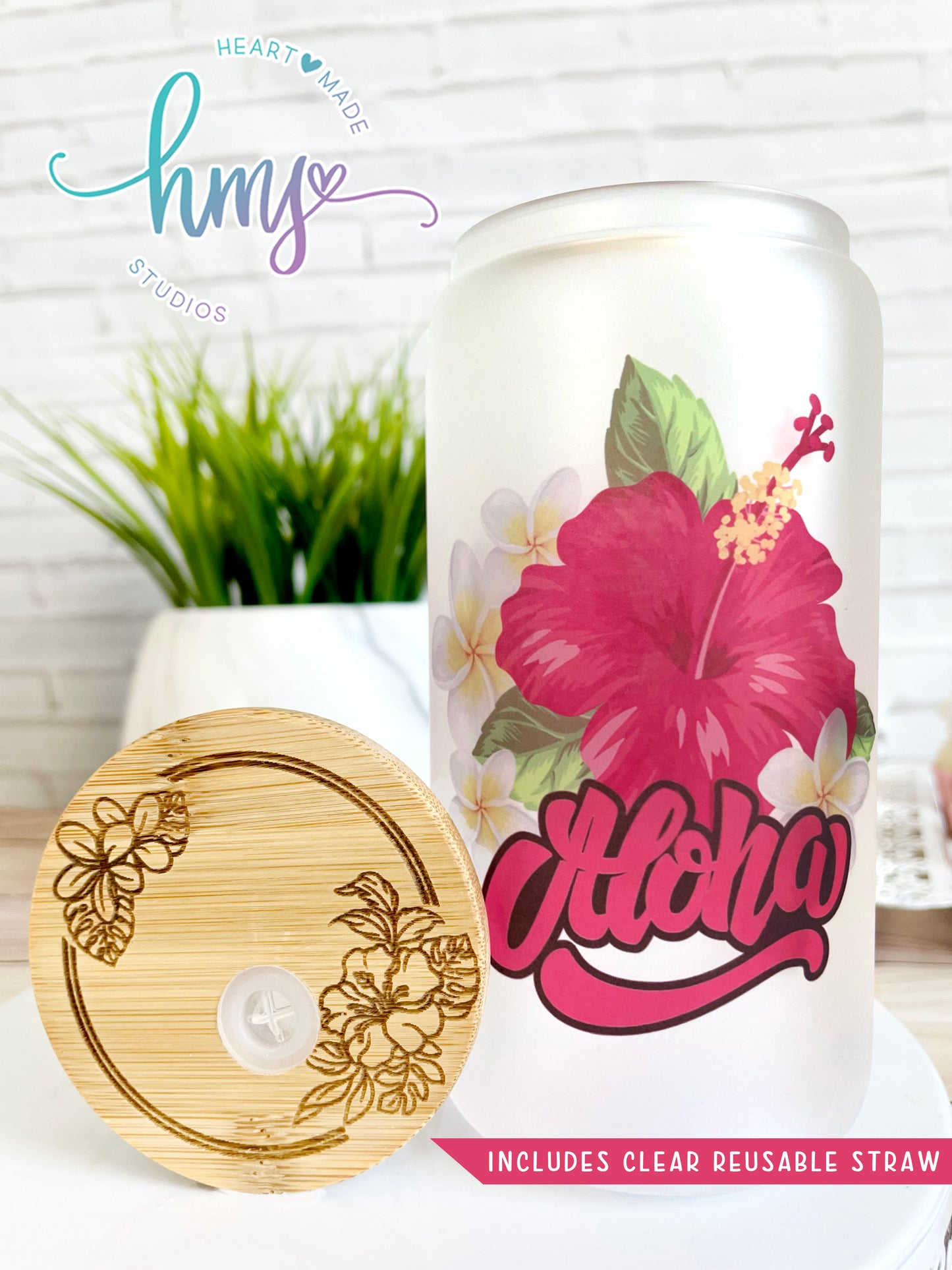 Tropical Glass Can,Aloha Glass Can,Hibiscus Glass Can,Plumeria Glass Can,Engraved Lid,Glass Cup,Gift for Her,Tropical Glass Tumbler