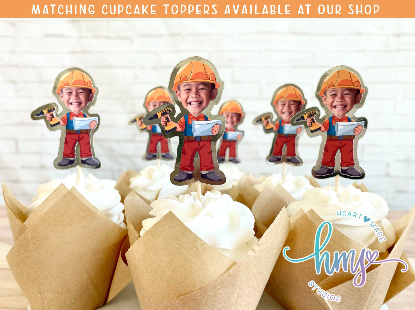 Personalized Construction Worker Cupcake Toppers