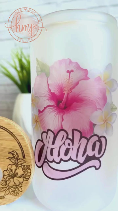 Tropical Glass Can,Aloha Glass Can,Hibiscus Glass Can,Plumeria Glass Can,Engraved Lid,Glass Cup,Gift for Her,Tropical Glass Tumbler